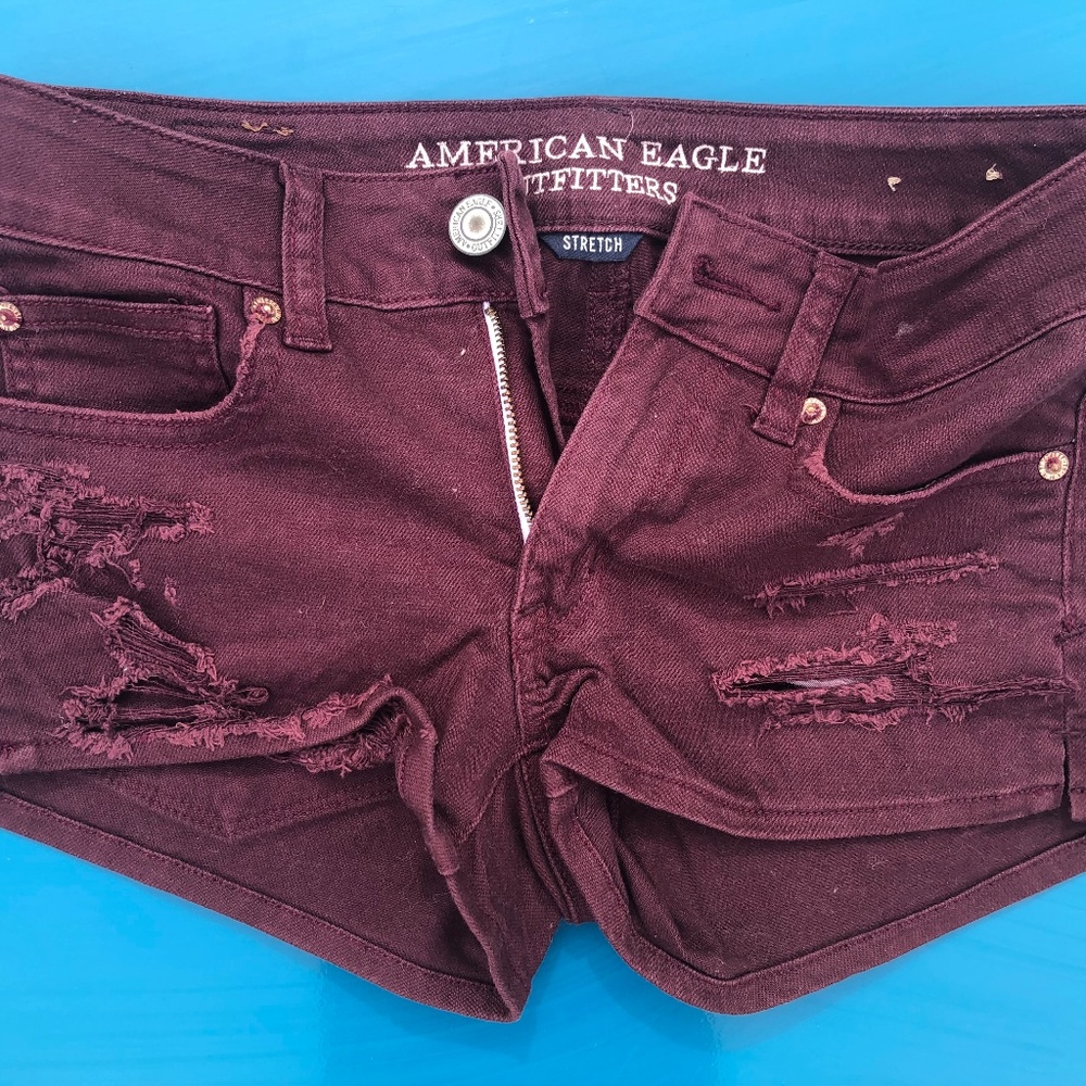 American Eagle Maroon Denim Ripped Shorts